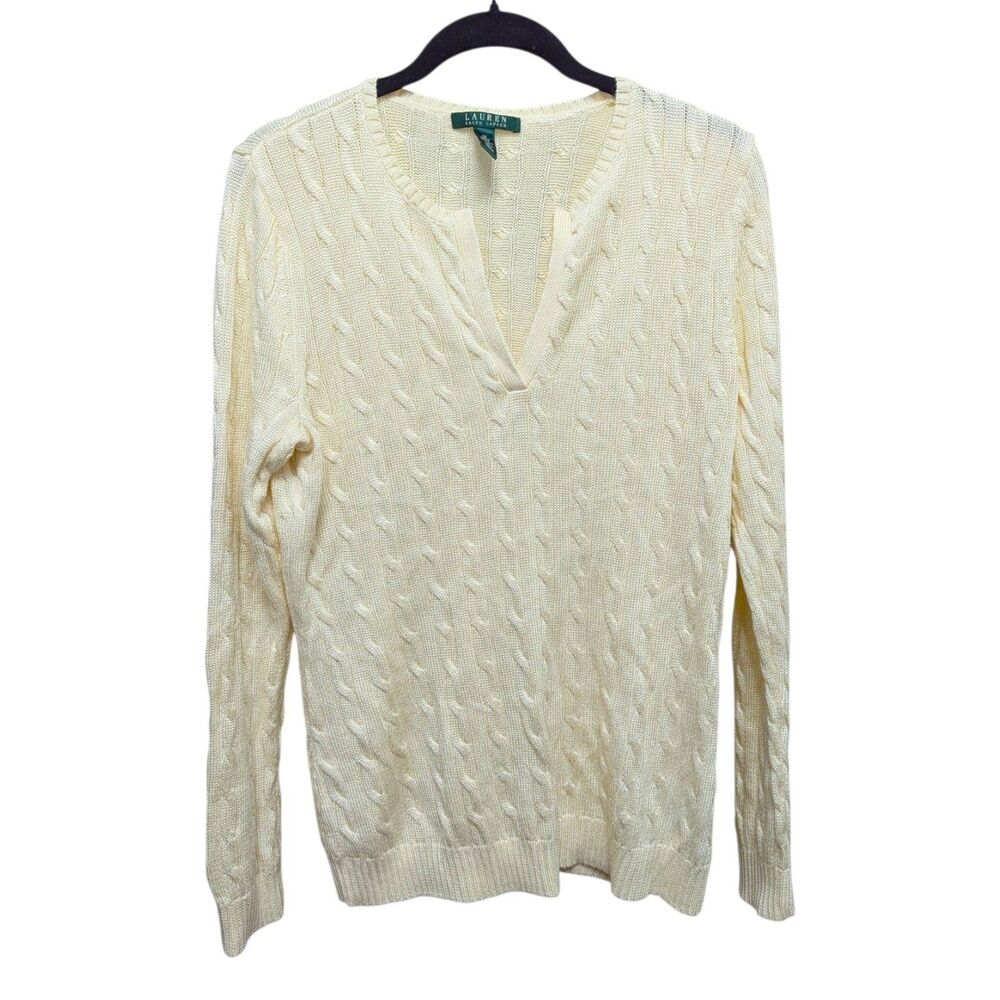 Lauren Ralph Lauren Cable Knit Cotton Blend V-Neck Pullover Sweater Ivory Sz 1X